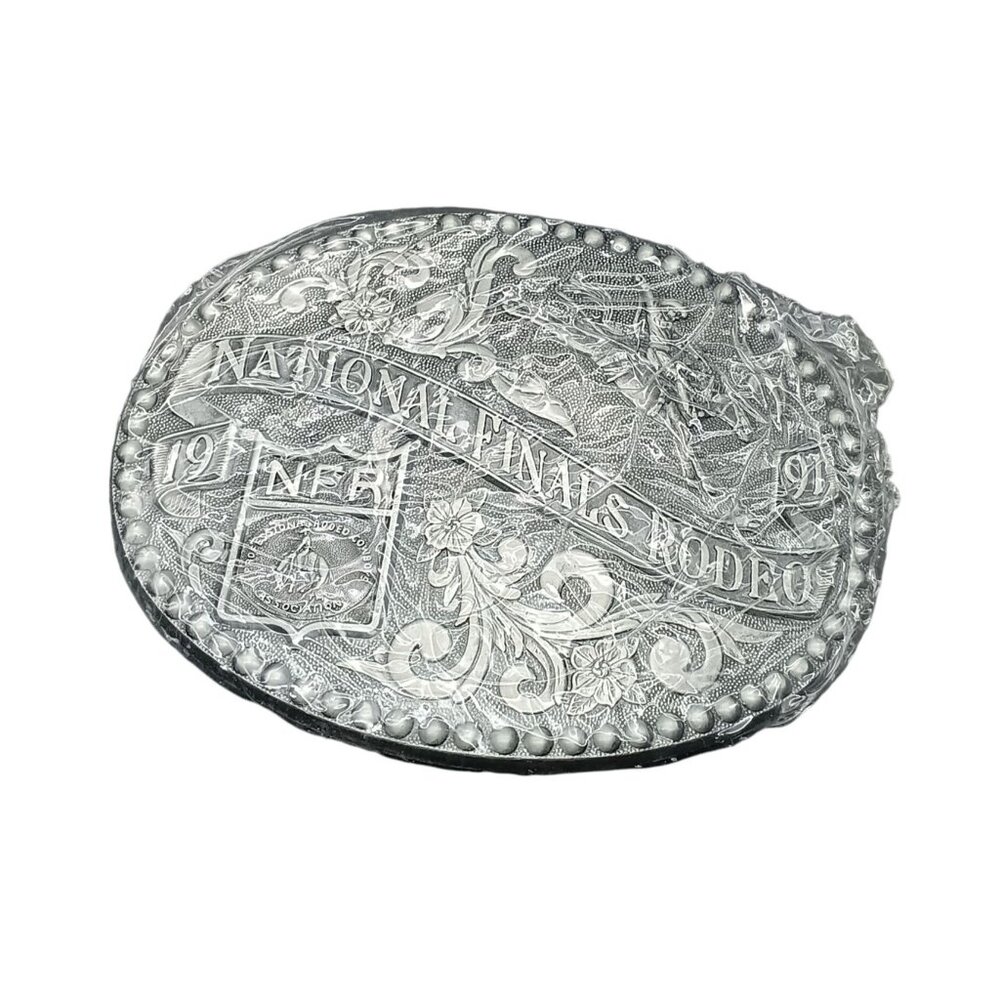 1991 Hesston National Finals Rodeo Silver Belt Buckle Western Collectible
